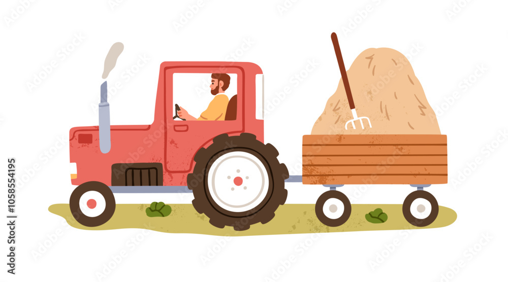 Farmer driving tractor, trailer with hay heap, haystack in countryside. Man, agriculture worker, field transport, vehicle. Farm works. Rural flat vector illustration isolated on white background