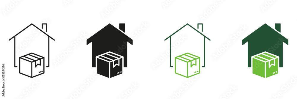 Home Delivery Service Line and Silhouette Icon Set. Order Shipping To Door Pictogram. Parcel Package Shipment To House Symbol. Address Delivery Sign. Editable Stroke. Isolated Vector Illustration Home Delivery Service Line and Silhouette Icon Set. Order Shipping To Door Pictogram. Parcel Package Shipment To House Symbol. Address Delivery Sign. Editable Stroke. Isolated Vector Illustration