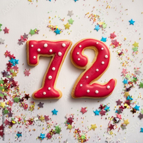 Decorated cookie, number 72, image for birthday or anniversary celebration