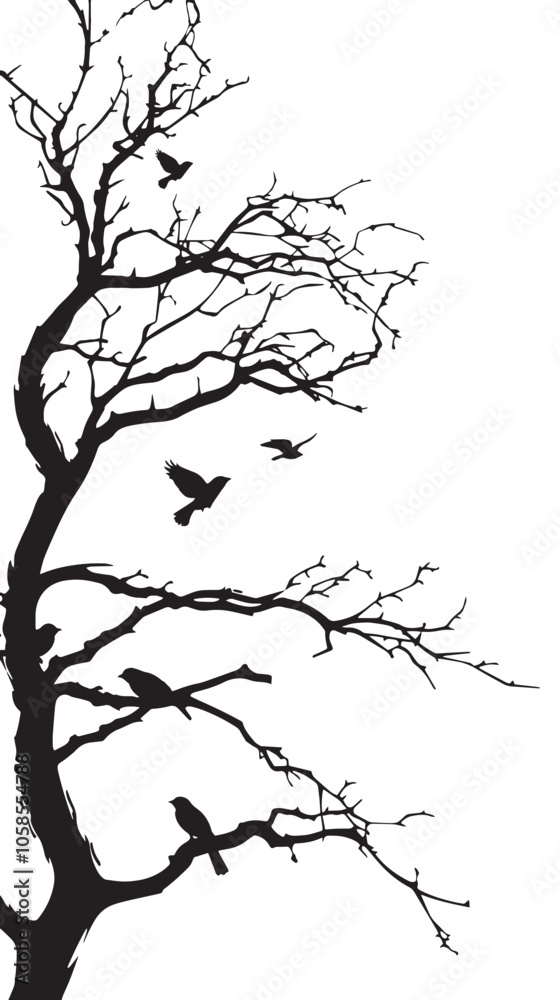 Fototapeta premium Dry tree branch silhouette with birds