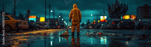 Worker Cleaning City Roads at Night in Orange Uniform