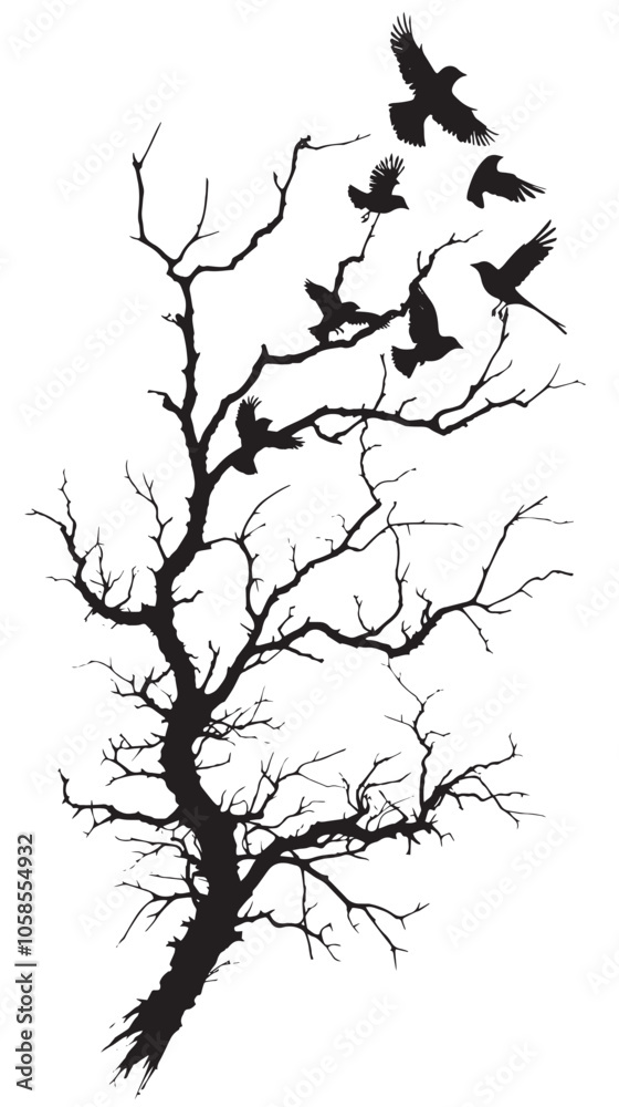 Fototapeta premium Dry tree branch silhouette with birds