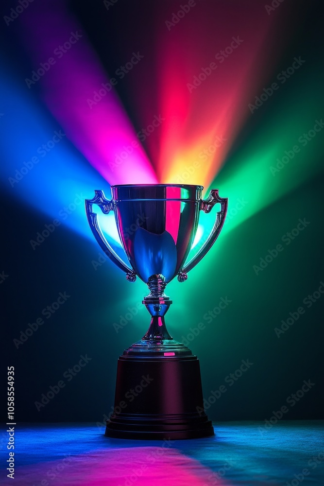 The Glow of Achievement: A trophy illuminated by colorful spotlights, symbolizing recognition and reward. The Glow of Achievement: A trophy illuminated by colorful spotlights, symbolizing recognition and reward.