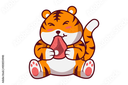 Cute Tiger Eating Meat Illustration