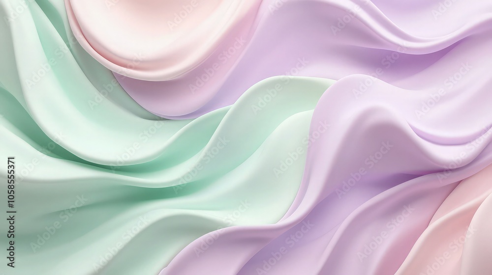 Obraz premium Soft pastel fabric waves in mint and lavender hues create an elegant abstract background suitable for cosmetic promotion.