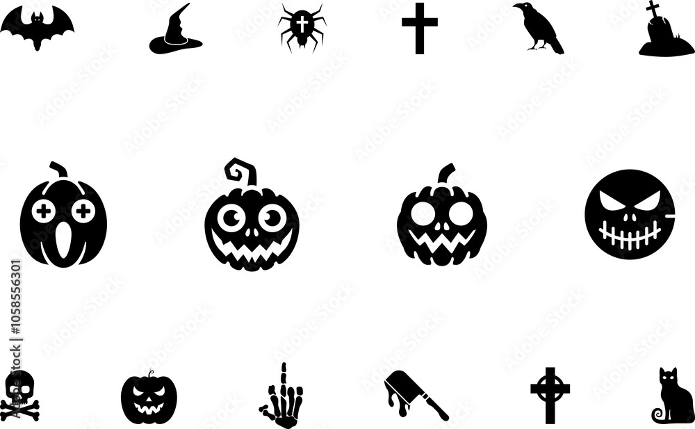 Horror and scary halloween faces silhouette icon, Pumpkin, emoji and tattoo ghost smile spooky jack evil mouth eyes scary silhouette illustration . Horror and scary halloween faces silhouette icon, Pumpkin, emoji and tattoo ghost smile spooky jack evil mouth eyes scary silhouette illustration .