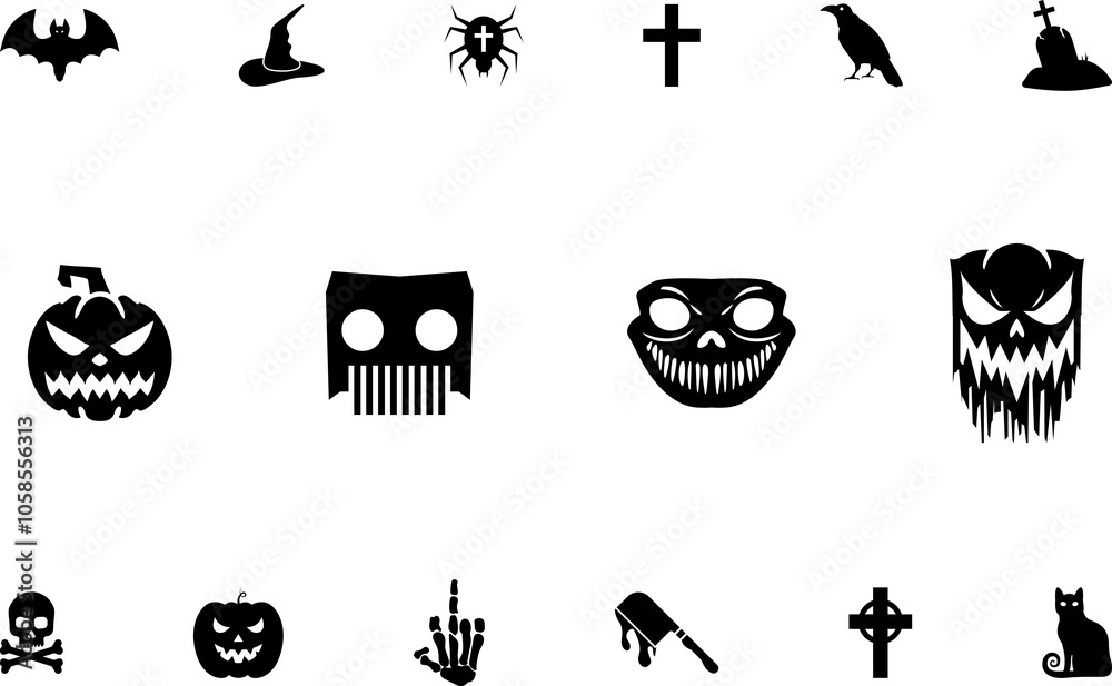 Horror and scary halloween faces silhouette icon, Pumpkin, emoji and tattoo ghost smile spooky jack evil mouth eyes scary silhouette illustration . Horror and scary halloween faces silhouette icon, Pumpkin, emoji and tattoo ghost smile spooky jack evil mouth eyes scary silhouette illustration .