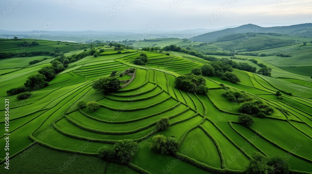 Fototapeta premium Aerial view of lush green terraced fields and hills with scattered trees, under a cloudy sky in a rural agricultural landscape.
