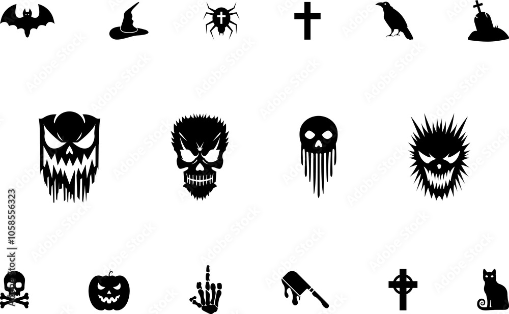 Horror and scary halloween faces silhouette icon, Pumpkin, emoji and tattoo ghost smile spooky jack evil mouth eyes scary silhouette illustration . Horror and scary halloween faces silhouette icon, Pumpkin, emoji and tattoo ghost smile spooky jack evil mouth eyes scary silhouette illustration .