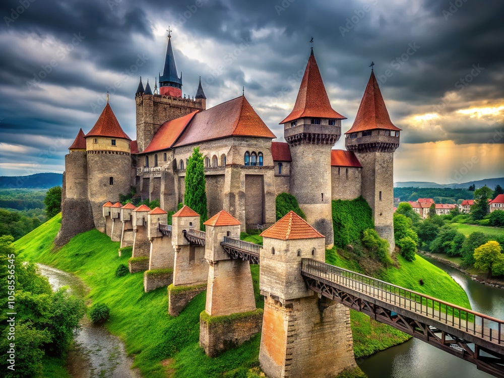 Fototapeta premium Corvinilor Castle Hunedoara Romania Bridge Gray Sky Daytime Photography