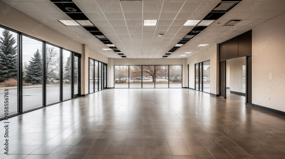 Spacious empty commercial space with large windows and tiled flooring, featuring a grid ceiling and neutral wall colors, suitable for a retail store or office conversion. Spacious empty commercial space with large windows and tiled flooring, featuring a grid ceiling and neutral wall colors, suitable for a retail store or office conversion.