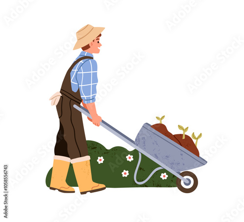 Farmer with wheelbarrow in countryside. Farm and garden worker in country. Ga...