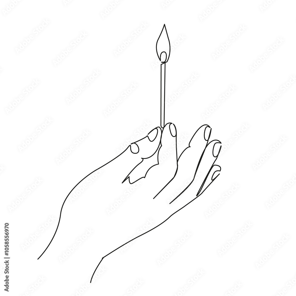 One continuous single drawing line art flat doodle flame, burning, holding, danger, igniting, human hand, matchstick, fire - natural phenomenon, human body part. Isolated image hand draw contour on a One continuous single drawing line art flat doodle flame, burning, holding, danger, igniting, human hand, matchstick, fire - natural phenomenon, human body part. Isolated image hand draw contour on a