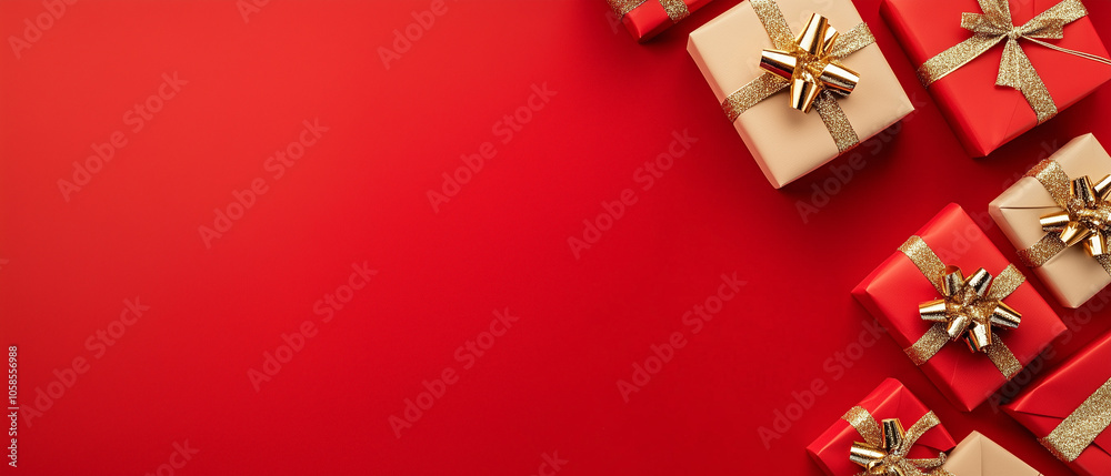 Christmas or New Year banner frame with gift boxes decorated with shiny gold ribbons on a red background, flat lay, copy space Christmas or New Year banner frame with gift boxes decorated with shiny gold ribbons on a red background, flat lay, copy space