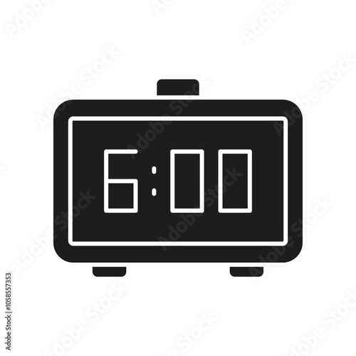 Digital Alarm Clock Showing 6:00 Silhouette Icon. Morning Wake Up Time Display Glyph Symbol. Isolated Vector Illustration