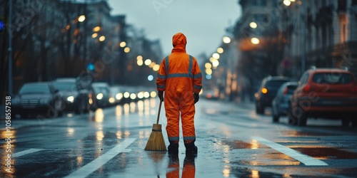 Worker Cleaning City Roads at Night in Orange Uniform