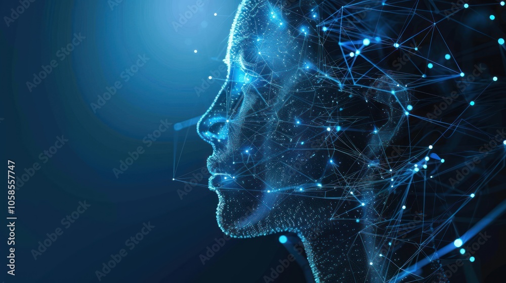 Holographic woman face on blue technology background Concept of big data and artificial intelligence Holographic woman face on blue technology background Concept of big data and artificial intelligence