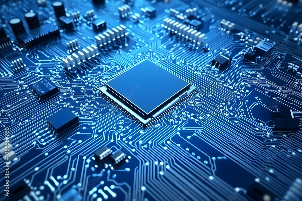 AI processor on a blue digital circuit background. AI processor on a blue digital circuit background.