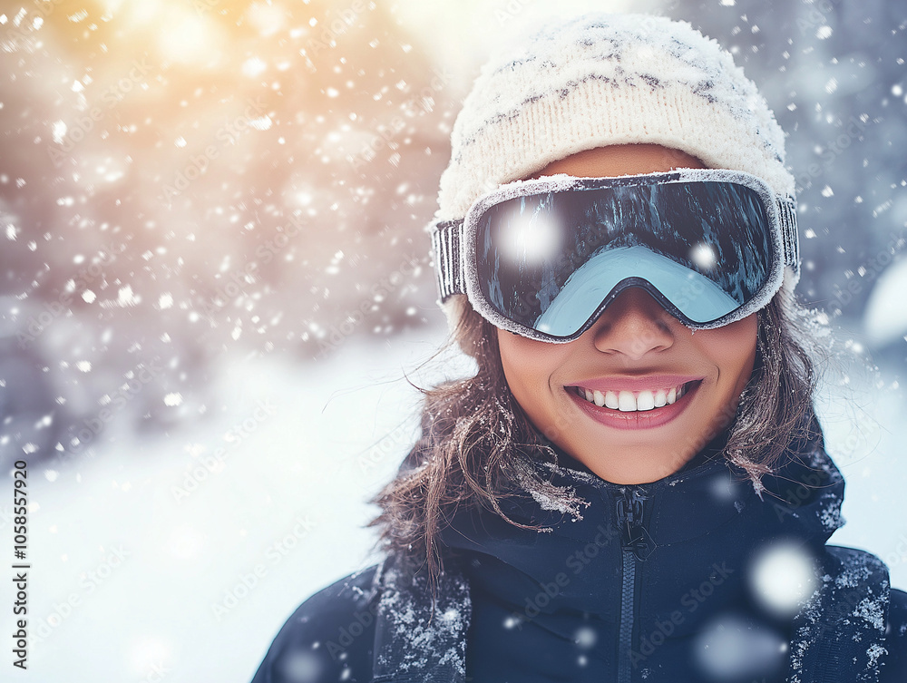 Lächelnde Frau im Schnee mit Skibrille und winterlicher Kleidung
Lächelnde Frau im Schnee mit Skibrille und winterlicher Kleidung