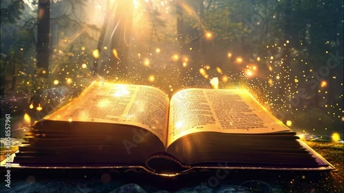Magic book in enchanted forest illuminated by golden sunlight