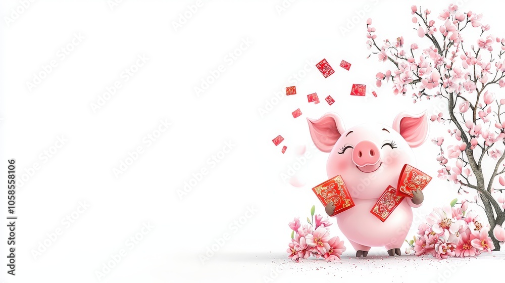 Playful pig illustration for Chinese New Year, holding red envelopes on white Playful pig illustration for Chinese New Year, holding red envelopes on white