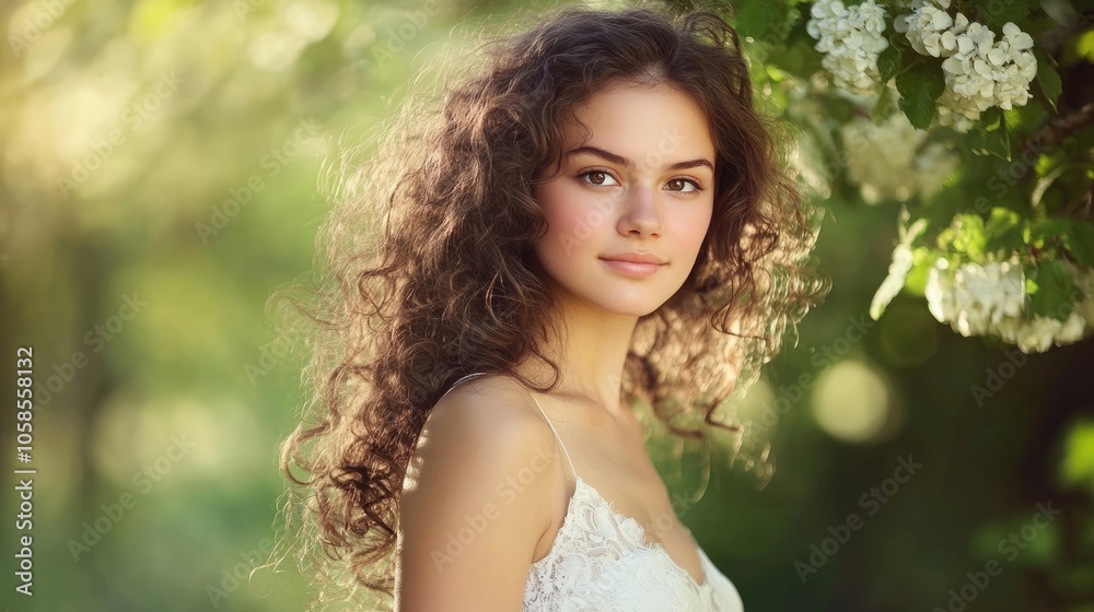 Elegant portrait of a beautiful young woman with curly hair, dressed in a white dress. The composition emphasizes the womans beauty, with ample copy space for design purposes. Elegant portrait of a beautiful young woman with curly hair, dressed in a white dress. The composition emphasizes the womans beauty, with ample copy space for design purposes.