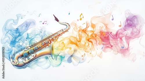 Wallpaper Mural An artistic mix of saxophone and trumpet shapes intertwined with colorful waves and notes, set against a white background Torontodigital.ca