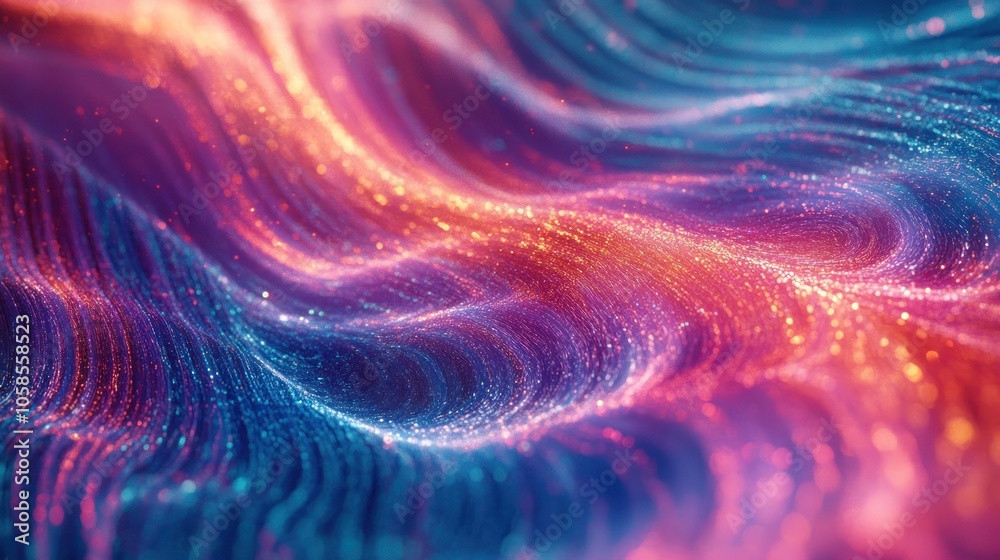Fototapeta premium Abstract colorful waves with shimmering particles creating a dynamic visual effect.