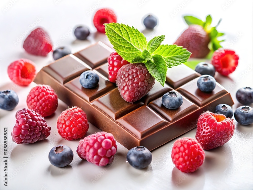 Delicious Chocolate Bar & Berries on White Background