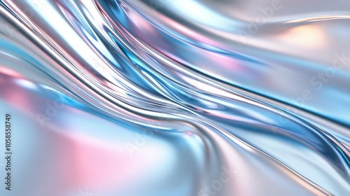 Iridescent liquid metal with smooth, flowing textures reflecting shades of silver, blue, and pink on a sleek abstract background.