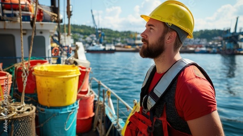 A marine worker unloading supplies from a boat on a sunny day photo