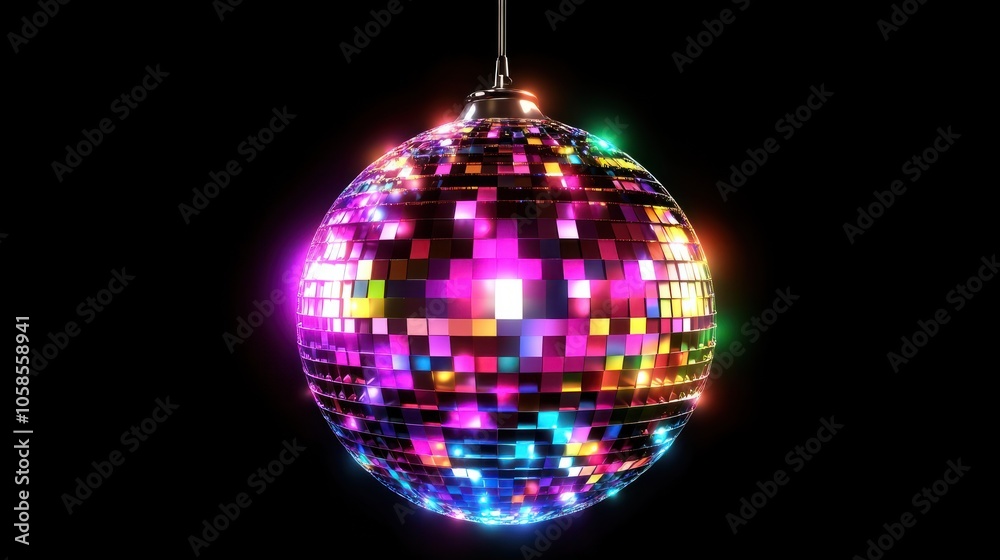Obraz premium Colorful lights dance across a shiny disco ball, creating a lively atmosphere perfect for dancing and celebration at night