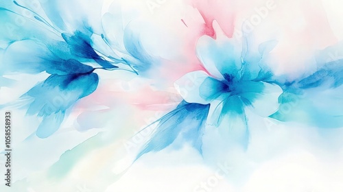 Softly blurred abstract floral watercolor in shades of blue, turquoise, and pink, with light brushstrokes on paper, creating a flowing, ethereal composition.