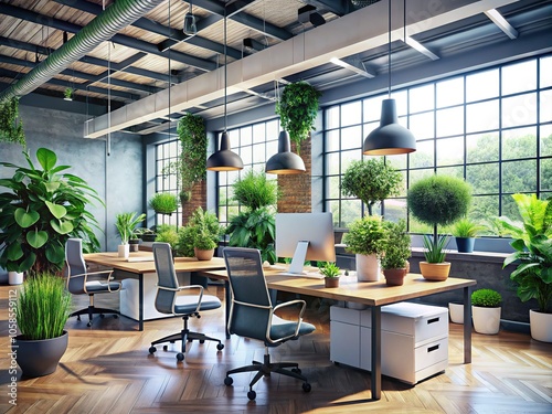 Design a modern workspace filled with greenery, promoting productivity and an inviting ambiance, while ensuring a bright, stylish environment that enhances focus and creativity.