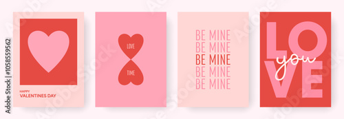 Modern minimalist abstract design of Valentines Day cards set. Simple love concept templates for celebration with hearts and typography. Trendy backgrounds for print, card, invitation, banner, cover