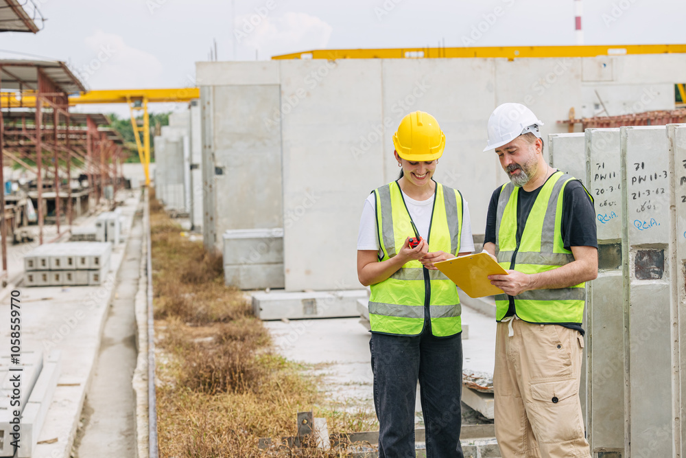 Engineer women working teamwork with senior male manager happy smiling, Workers team working together outdoor at construction site. Engineer women working teamwork with senior male manager happy smiling, Workers team working together outdoor at construction site.