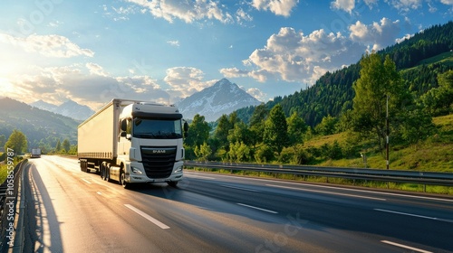 Freight truck journey through majestic mountains on open road at sunrise photo