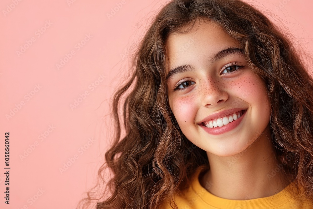 Captivating portrait of a shy latina teenager with a warm smile against a pink background Captivating portrait of a shy latina teenager with a warm smile against a pink background