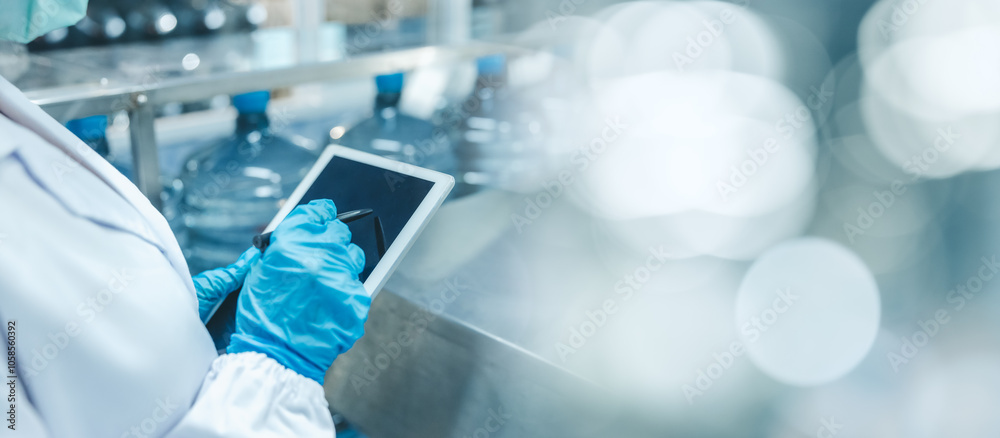 Closeup hygiene worker work with tablet software management technology for manage production in modern factory with space for text
