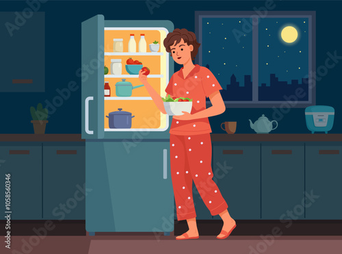 Eating at Night. A vector flat-style illustration shows a person in pajamas, illuminated by an open refrigerator in a dark kitchen.