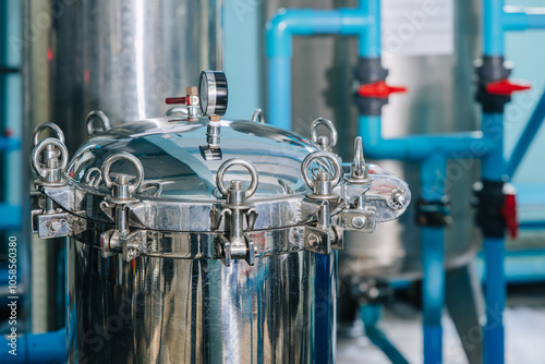Obraz na płótnie High pressure tank with pressure gauge stainless steel tank with water pipe in drinks factory w salonie