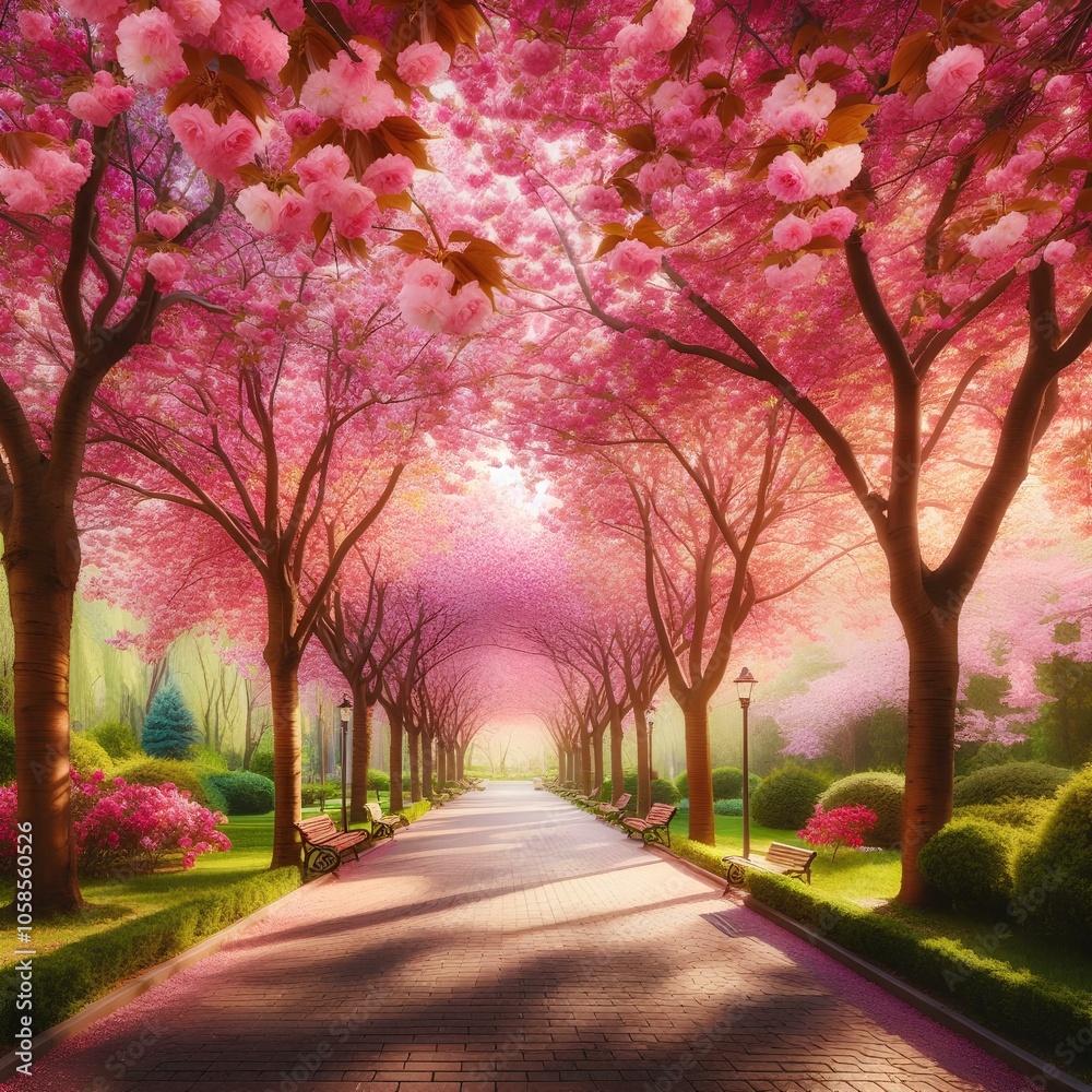 Pink sakura blooming trees alley in spring park.