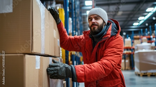 Dedicated warehouse worker in heavy parka and gloves efficiently stacking boxes in industrial setting