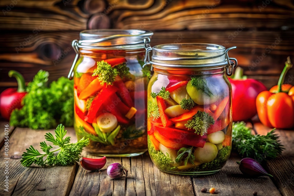 Double Exposure Food Photography - Jars of Marinated Vegetables on Rustic Wood Double Exposure Food Photography - Jars of Marinated Vegetables on Rustic Wood