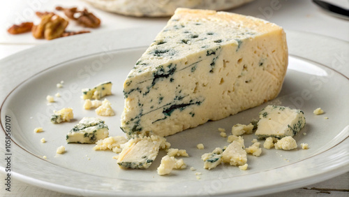 A wedge of blue cheese with a few crumbs scattered around it, highlighting its texture and color