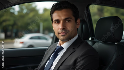 Portrait of a business executive man commuting to work sitting back seat of the car.