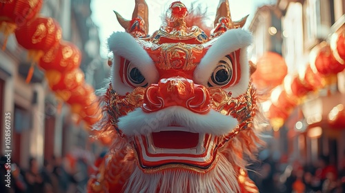 Vibrant Dragon Head in Lunar New Year Parade with Festive Urban Setting