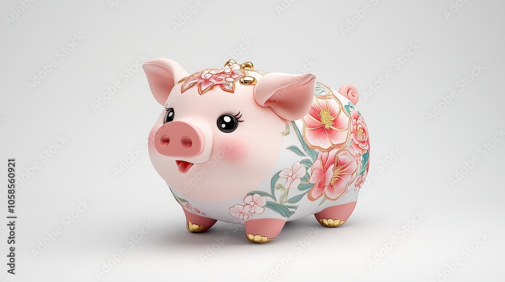 Pig plush with intricate Chinese embroidery and gold accents, symbolizing prosperity, on a white background Pig plush with intricate Chinese embroidery and gold accents, symbolizing prosperity, on a white background