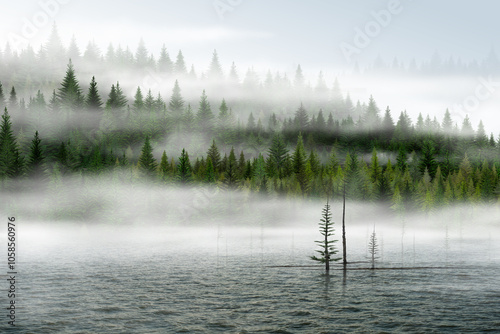 morning on the lake The mist gently covers the pine forest, casting a soft veil over the lake.