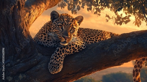Leopard Resting on a Tree Branch During Golden Hour